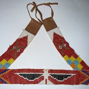 Vtg Native American Eagle Thunderbird Seed Bead Choker Hat Leather Tie 19 Inches